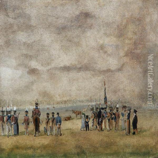 Copenhagen Militia At The Eksercising Ground Oil Painting - Johan Wilhelm Ludwig Dahl