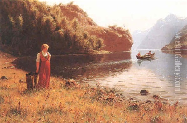 Madchen An Norwegischem Fjord Oil Painting - Hans Dahl