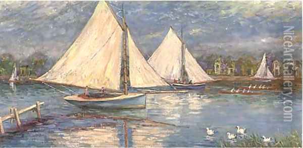 Sailing vessels on a river Oil Painting - English School