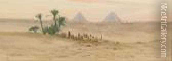 The Pyramids From The Desert (#) Calm Evening On The Nile Oil Painting - Augustus Osborne Lamplough
