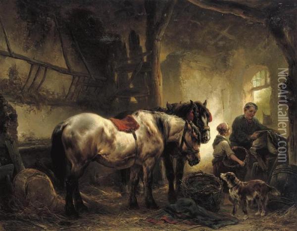Sadling The Horses Oil Painting - Wouterus Verschuur