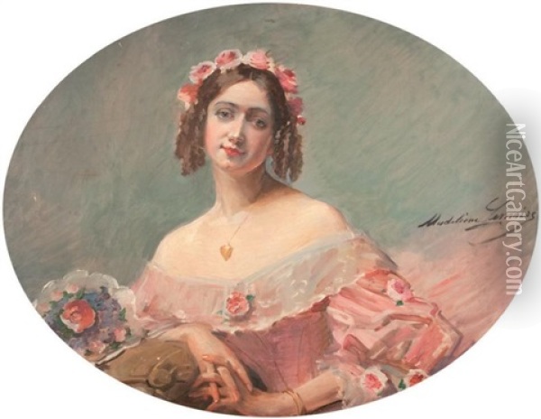 Portrait En Buste D'une Elegante Au Bouquet Oil Painting - Madeleine Jeanne Lemaire