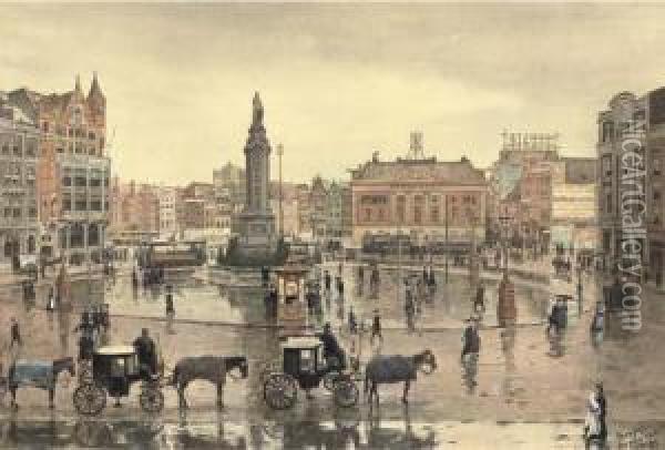 Dam Square On A Rainy Day, Seen From The Royal Palace, Amsterdam Oil Painting - Tinus De Jong