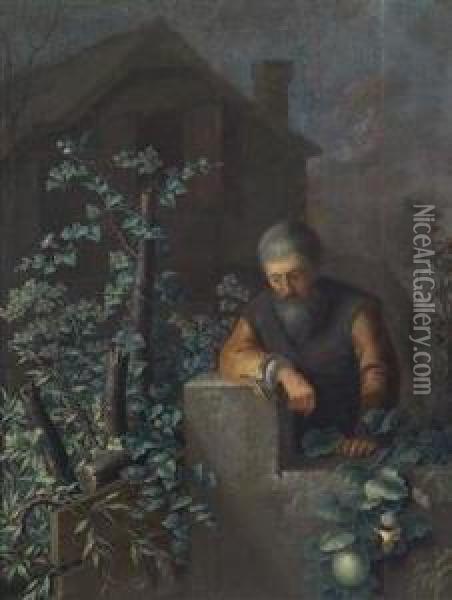 A Man Examining A Frog Oil Painting - Prokop Steinel