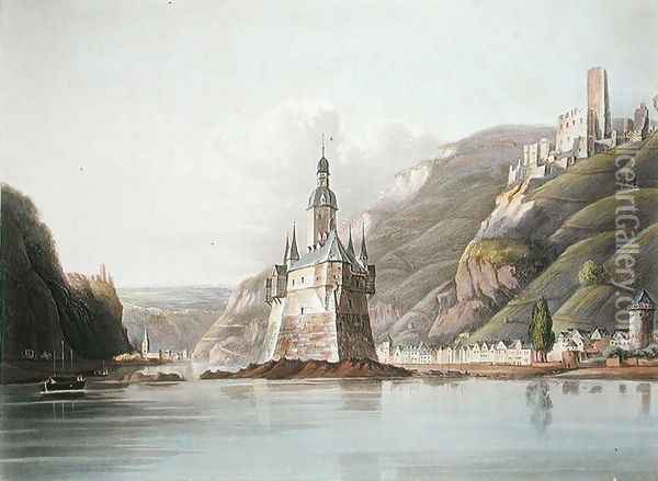 Pfalz Castle and the Town of Laub, illustration from A Picturesque Tour along the Rhine, from Mentz to Cologne, engraved by T. Sutherland, published 1820 Oil Painting - Schuetz, M.