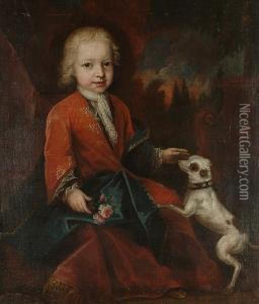 Portrait Of A Young Child, 
Seated, Full-length In A Red Robe And A Blue Wrap, Holding A Posy Of 
Flowers And Stroking A Dog, A Park Landscape Beyond Oil Painting - Constantin Netscher