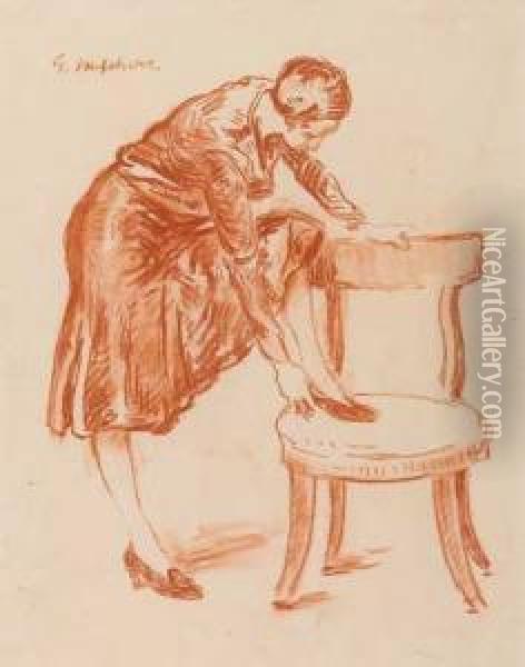 Woman Putting On Her Shoe Oil Painting - Gari Julius Melchers