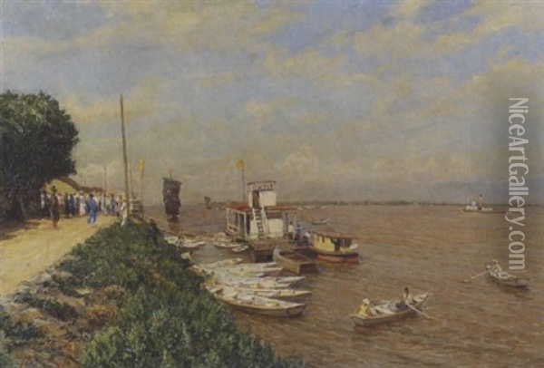Schiffsanlegestelle An Einem Fluss Oil Painting - Serguei Ivanovitch Lobanoff