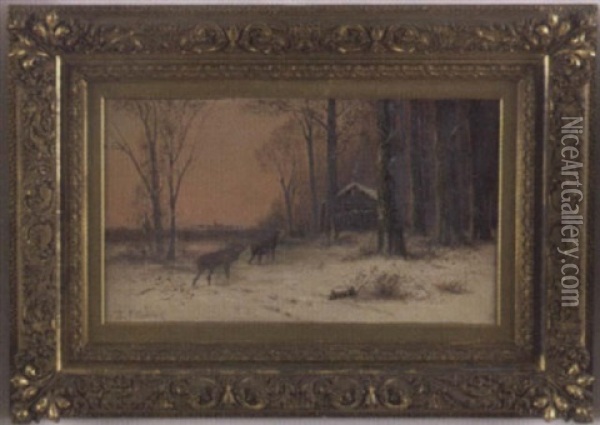 Winter Landscape With A Log Cabin, Deer, And Town In Background Oil Painting - Hendrik Barend Koekkoek