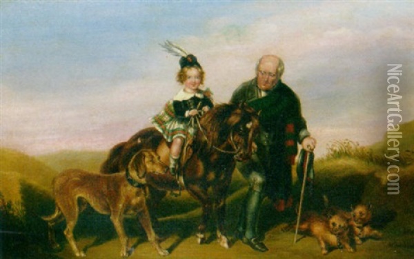 A Scottish Girl On A Shetland Pony Accompanied By Her Dogs And An Elderly Gentleman Oil Painting - Andrew Morton