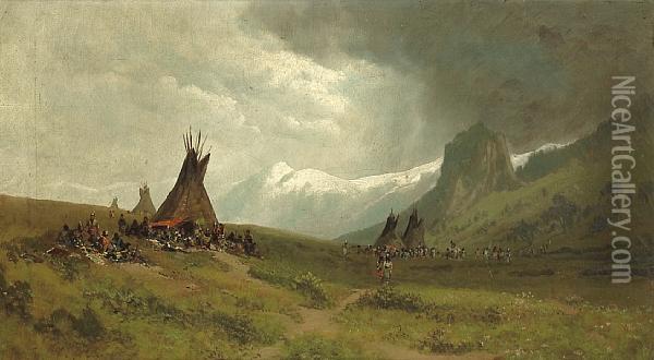 Indian Camp With Mountains In The Distance Oil Painting - Ramsome Gillet Holdredge