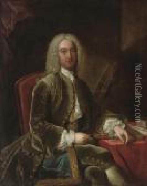 Portrait Of William Murray, 1st 
Earl Of Mansfield (1705-1793), Seated, Three-quarter-length, In A Green 
Velvet Coat, His Left Hand Resting On A Book Oil Painting - Jean Baptiste van Loo