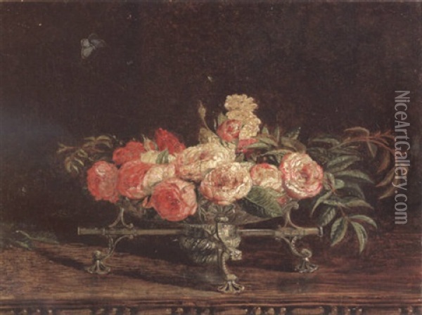 Pink And White Roses In An 18th Century Silver Dish-cross, A Chalkhill Blue Butterfly Above Oil Painting - William Bell Scott