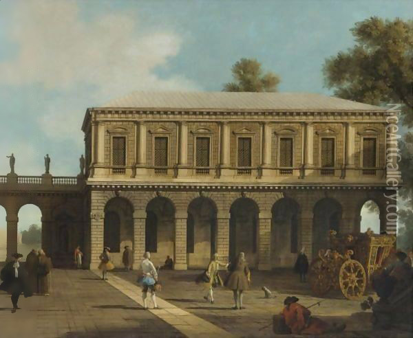 A Capriccio Of The Prisons Of San Marco Set In A Piazza With A Coach And Townsfolk Oil Painting - (Giovanni Antonio Canal) Canaletto
