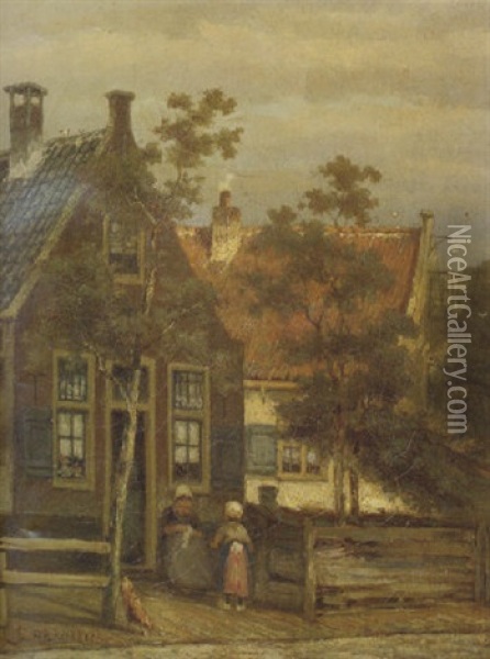 Dutch Street Scene With Mother And Child Oil Painting - Johannes Hermanus Barend Koekkoek