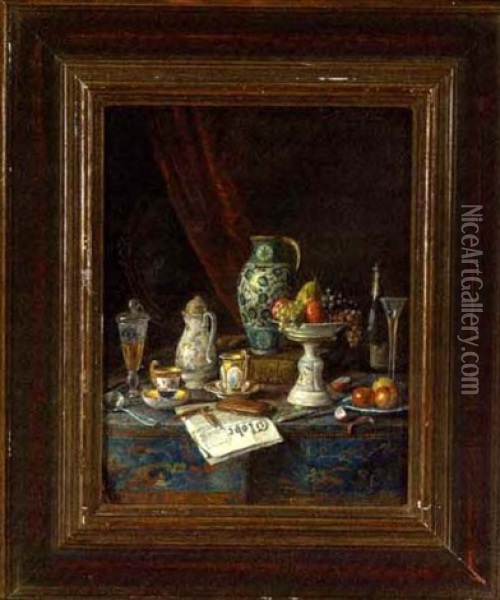 Still Life With Fruit, Champagne, Tea Service And Morning Newspaper Oil Painting - Josef Mansfeld