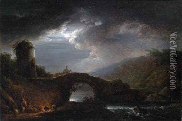 Paesaggio Fluviale Notturno Con Un Ponte Ad Arco In Pietra Oil Painting - Ferdinand Kobell