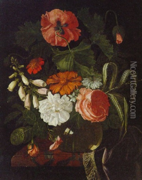 Foxgloves, Roses, A Poppy And A Marigold In A Glass Vase On A Partially Draped Marble Ledge Oil Painting - Isaac Denies