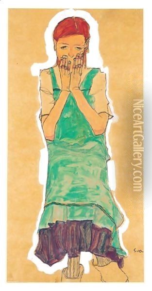 Girl With Green Pinafore Oil Painting - Egon Schiele