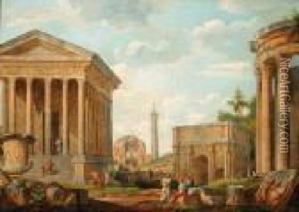 A Capriccio Of The Maison Care 
At Nmes, The Arch Of Septimusseverus, Trajan's Column, The Temple Of 
Minerva Medica And Thetemple Of Vesta With The Medici Vase And 
Philosophers In Theforeground Oil Painting - Giovanni Niccolo Servandoni