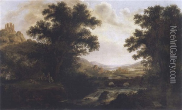 An Italianate Landscape With Drovers Crossing A Bridge And Figures By A Camp Fire Oil Painting - James Lambert the Elder
