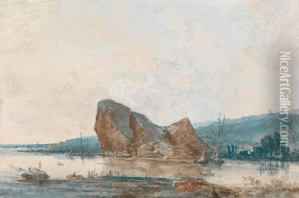 Kustenlandschaft Mit Booten An Einem Grosen Felsen Oil Painting - Louis-Gabriel Moreau the Elder