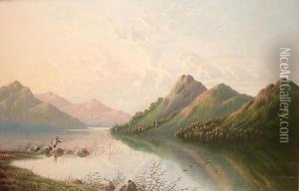 Highland Landscape With Figure Fishing In The Foreground Oil Painting - Henry Boddington