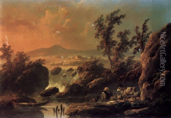 An Italianate River Landscape At Dusk With A Herder And A Waterfall Beyond Oil Painting - Jean Baptiste Pillement