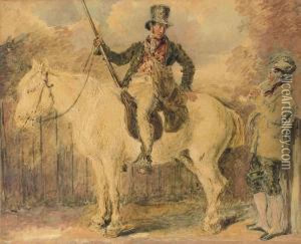 A Gamekeeper On A Horse And Another Man Conversing Oil Painting - William Henry Hunt
