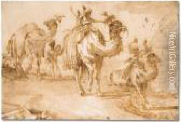 Orientals Riding Camels Near A Pyramid Oil Painting - Giovanni Domenico Tiepolo