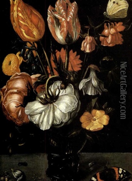 Nature Morte De Tulipes Et De Roses Dans Un Verre Rohmer Sur Un Entablement Oil Painting - Jacob Woutersz Vosmaer