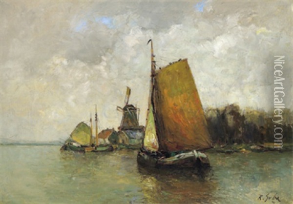 Fischerboot Vor Hollandischer Uferlandschaft Oil Painting - Rudolf Anton Guba