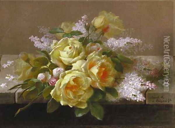 Roses and White Lilacs on a Ledge two works Oil Painting - Raoul Maucherat de Longpre