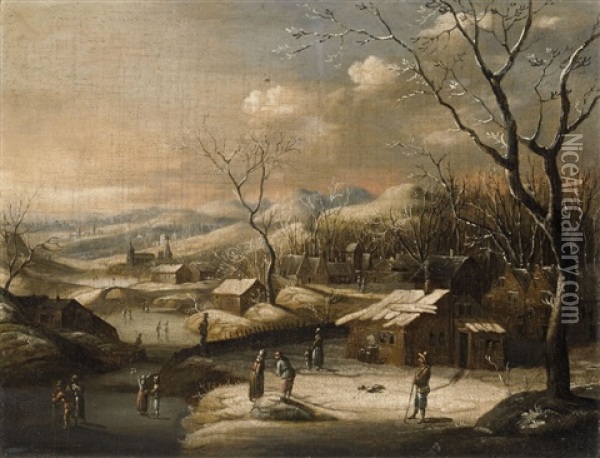 Winter Landscape With A Village And Figures Oil Painting - Nicolaes Molenaer