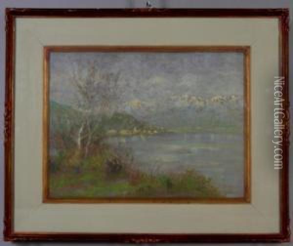 Lago Con Paese E Montagne Sullo Sfondo Oil Painting - Nicola Laurenti