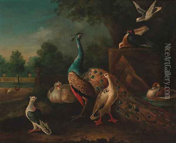 A peacock, ducks and pigeons by a pond, an ornamental lake beyond Oil Painting - Peter Casteels III