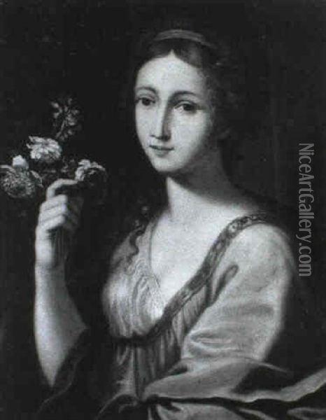 Portrait De Jeune Femme Tenant Un Bouquet De Fleurs Oil Painting - Ercole Graziani the Elder