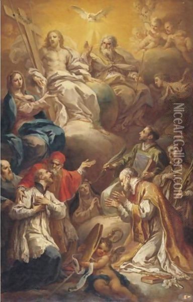 The Virgin Presenting Barnabite Saints To The Holy Trinity Oil Painting - Sebastiano Conca