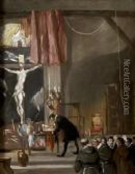 Le Greco Peignant Le Christ De Madrid Oil Painting - Eugenio Lucas Velasquez