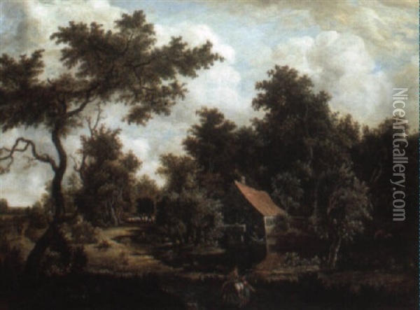 Wooded River Landscape With A Water Mill And Travellers Oil Painting - Meindert Hobbema