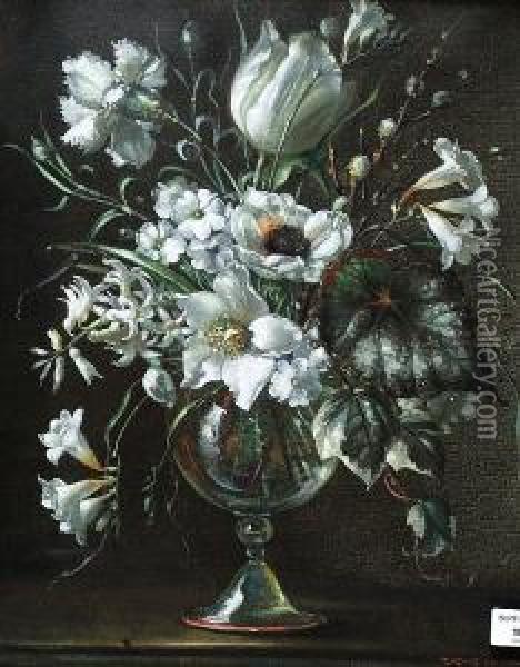 Mixed White Flowers In A Glass Vase Oil Painting - Terence Loudon