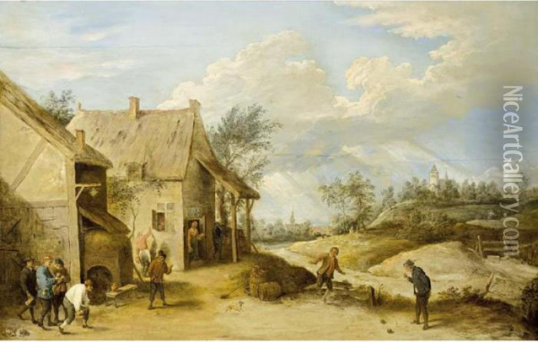A Village Scene With Peasants Bowling Outside An Inn, A View Of A Church Beyond Oil Painting - David The Younger Teniers
