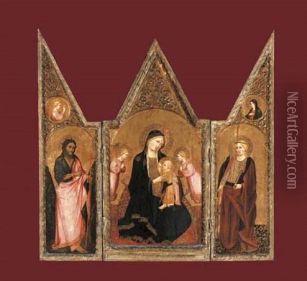 The Madonna Of Humility With Saint Catherine And Saint John The Baptist (triptych) Oil Painting - Agnolo di Taddeo Gaddi