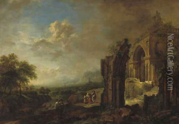 A wooded river landscape with travellers by a ruined gothic church Oil Painting - Christian Georg Schuttz II