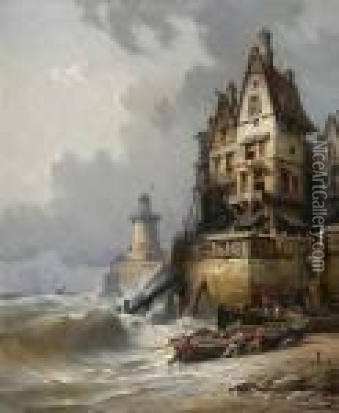 French Coastal Scene Oil Painting - Charles Euphrasie Kuwasseg