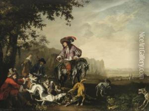 An Italianate Landscape With An 
Elegant Company On A Hunt, Dogscatching A Wild Boar In The Foreground Oil Painting - Abraham Hondius
