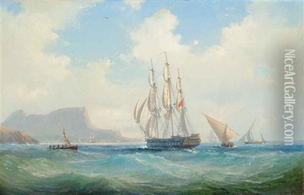 A Royal Navy Warship Running Into Gibraltar At Dusk, With Xebecs And Other Shipping Off Her Starboard Quarter Oil Painting - Vilhelm Melbye