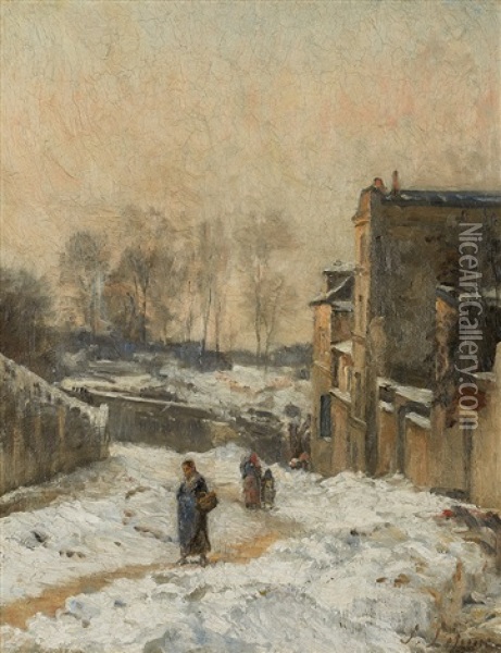 Personnages Dans La Neige, La Rue Cortot, Montmartre Oil Painting - Stanislas Lepine