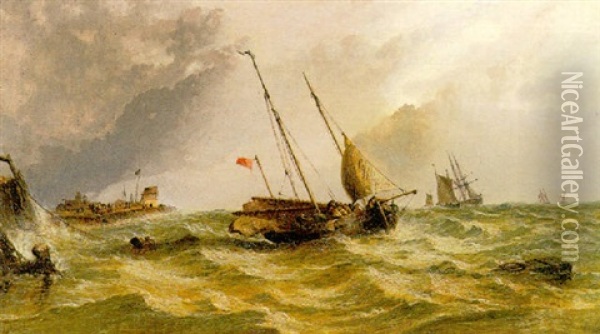Luggers And Fishing Boats In Stormy Waters Oil Painting - Arthur Joseph Meadows