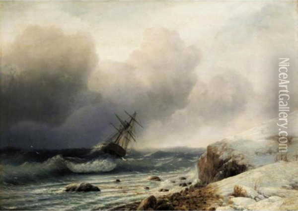 Shipwreck By A Snowy Shore Oil Painting - Ivan Konstantinovich Aivazovsky